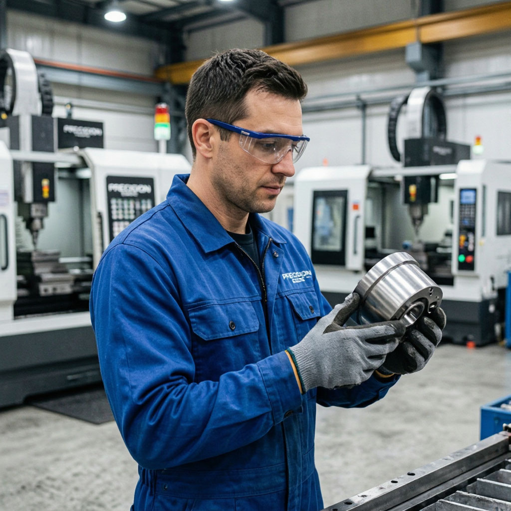 Precision machinist inspecting a finished component at Precision Edge CNC